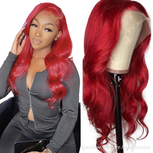 SPARK Body Wave Colored Human Hair Lace Front Wigs 180% Density HD Transparent Wig 99J Red Burgundy Remy Brazilian Wig For Women